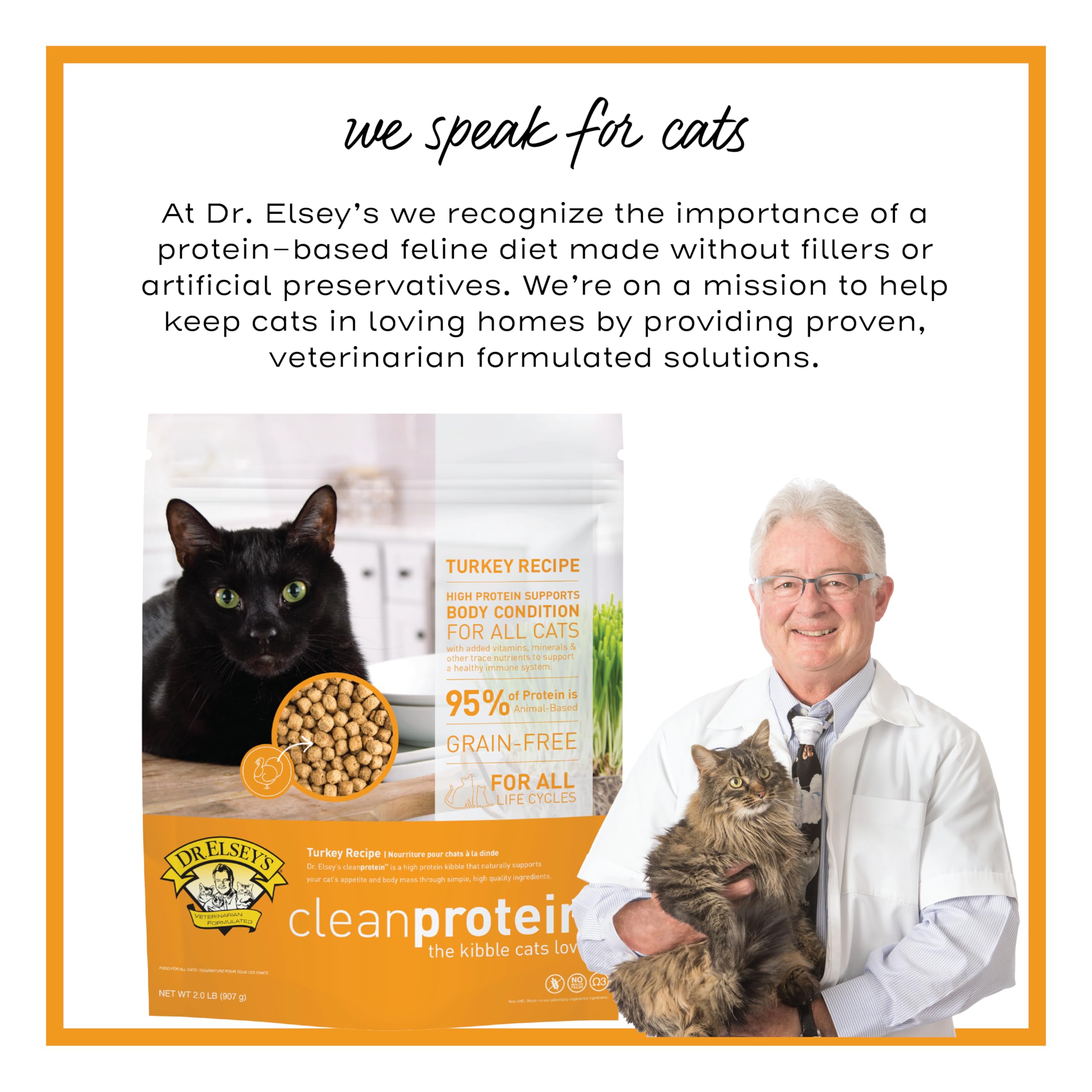 Dr. Elsey's cleanprotein includes omega-3 fatty acids for a glossy coat