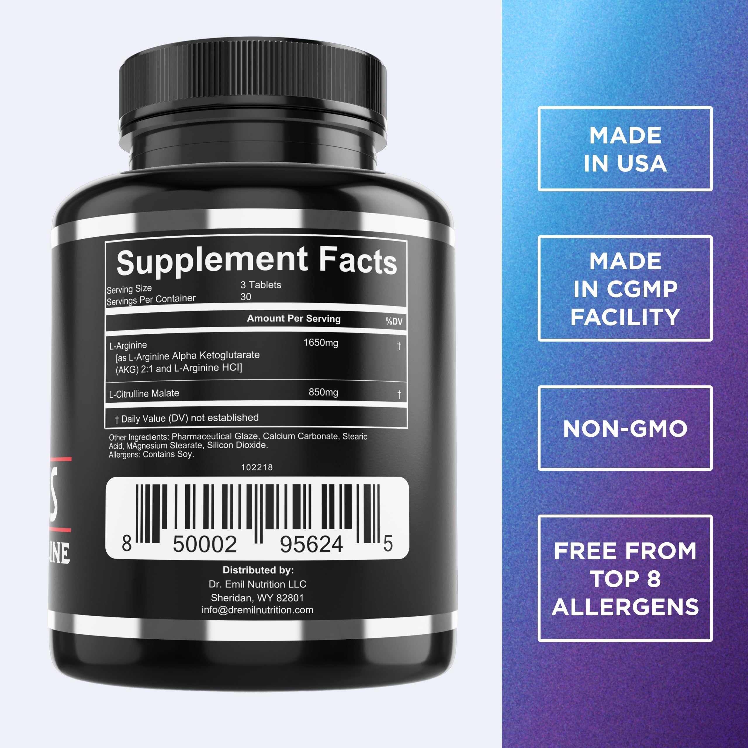 DR. EMIL NUTRITION Arginine Plus label close-up highlighting L-Arginine and Citrulline for training.