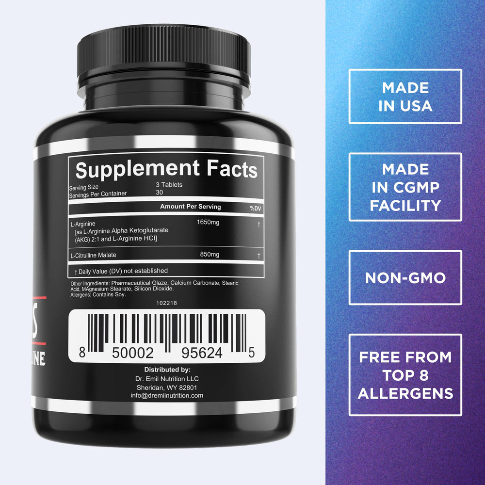 DR. EMIL NUTRITION Arginine Plus label close-up highlighting L-Arginine and Citrulline for training.