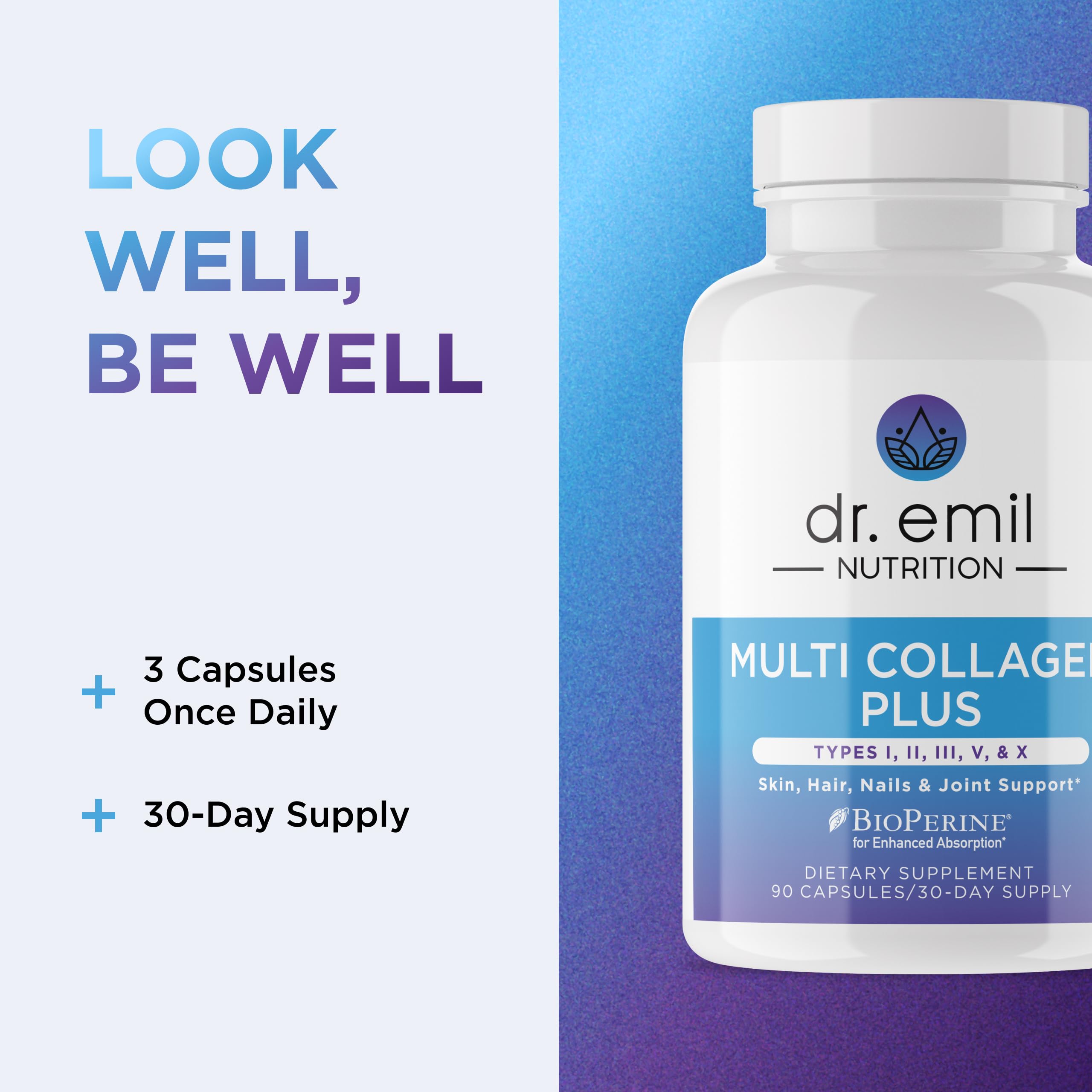 DR. EMIL NUTRITION product image highlights grass-fed bovine and marine collagen sources