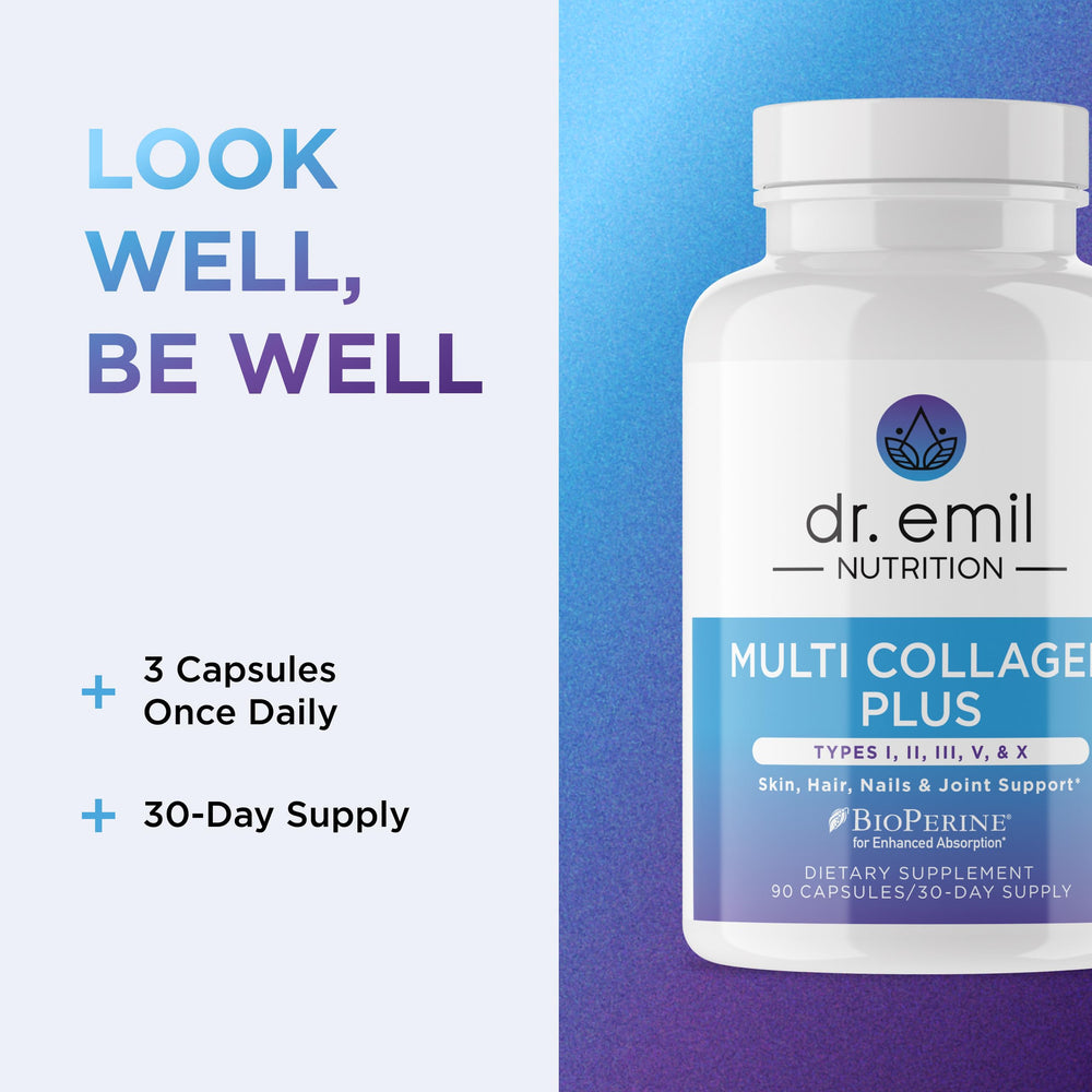 DR. EMIL NUTRITION product image highlights grass-fed bovine and marine collagen sources