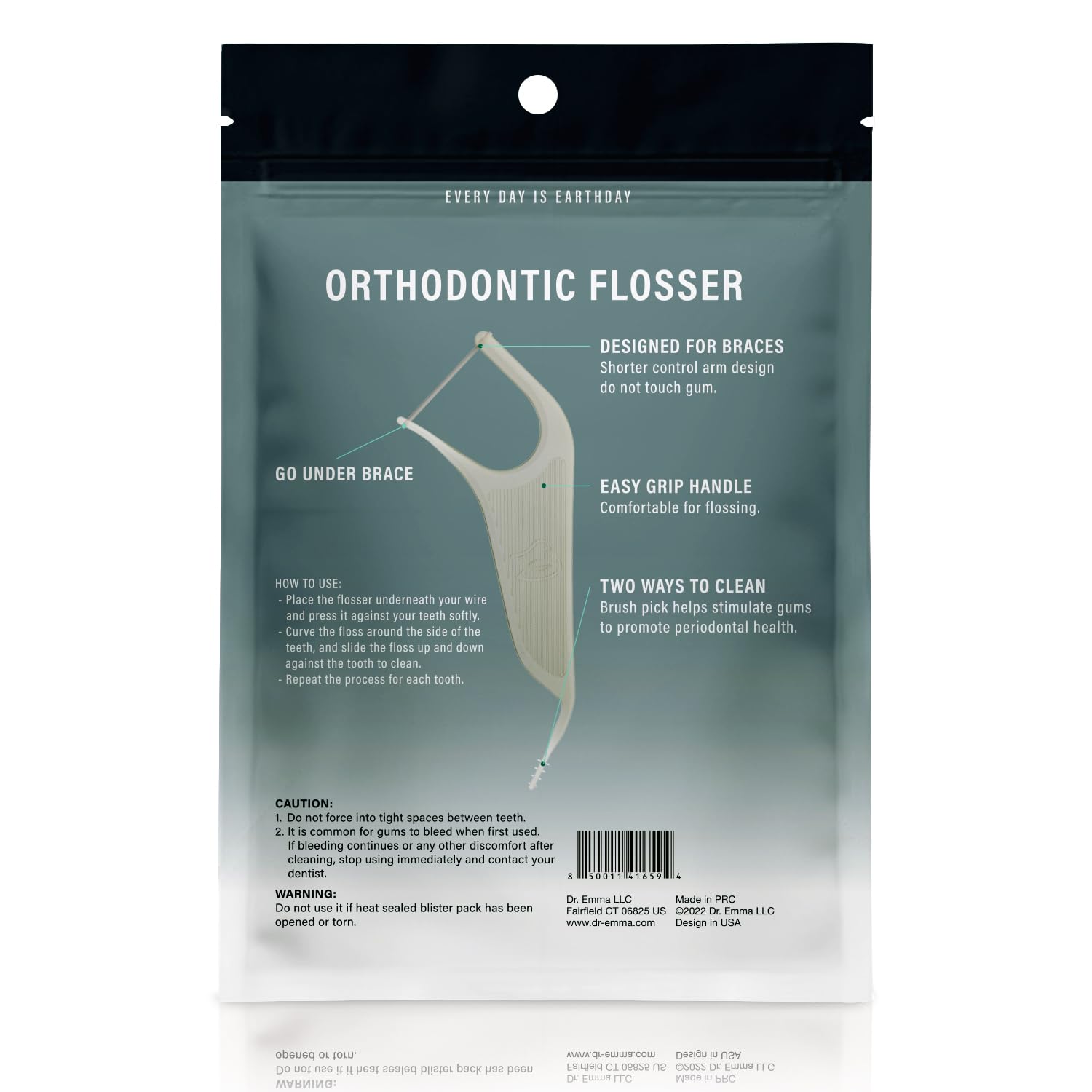 Dr. Emma orthodontic flossers gray mint close-up showing slim, precise tip