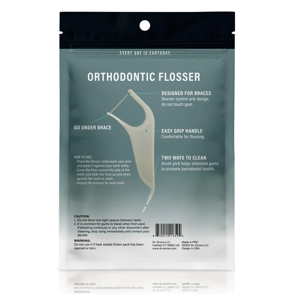 Dr. Emma orthodontic flossers gray mint close-up showing slim, precise tip