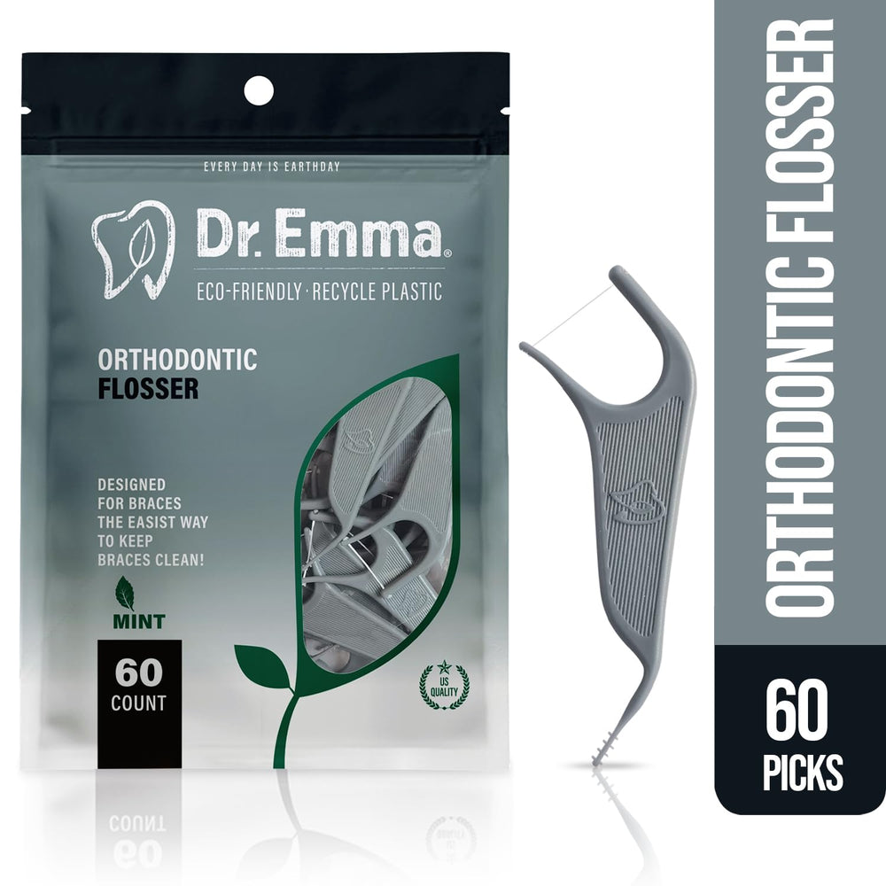 Dr. Emma orthodontic flossers gray mint two-pack for convenient braces maintenance