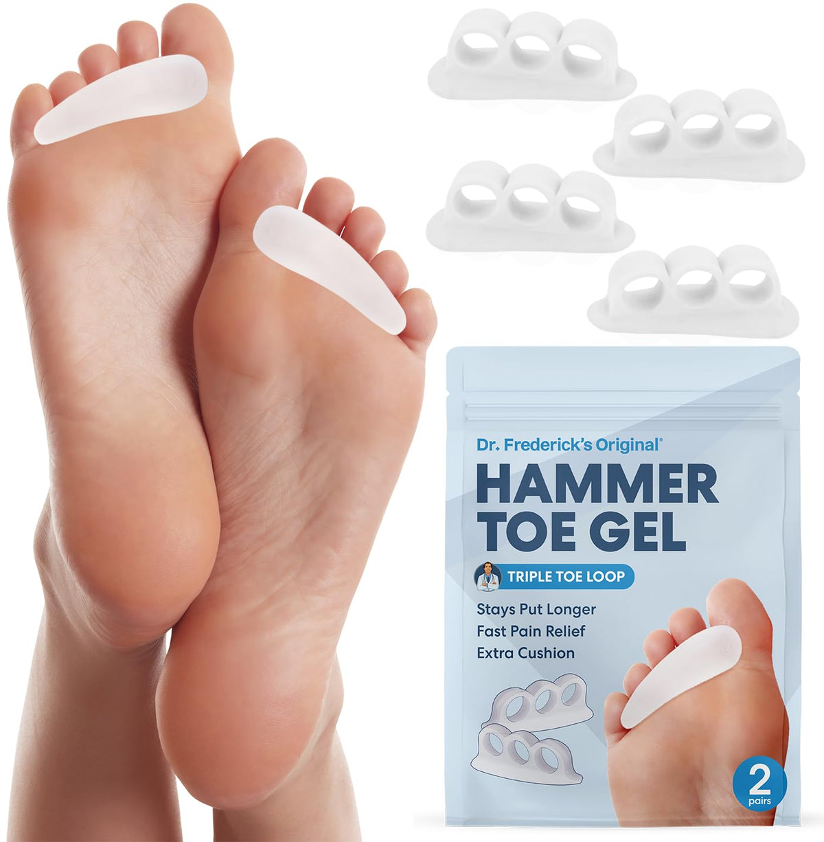 Dr. Frederick's Original hammer toe corrector gels in packaging showing easy-to-try setup