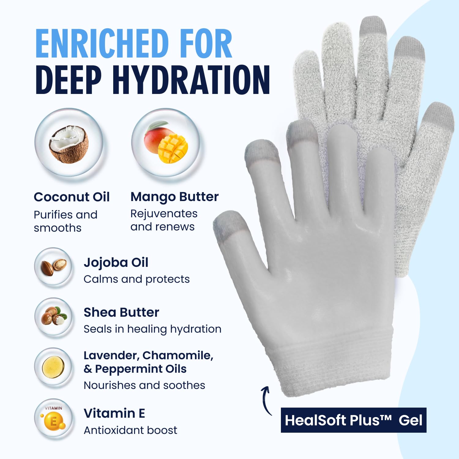 Gel gloves highlight mango butter and shea blend for smooth, even hydration