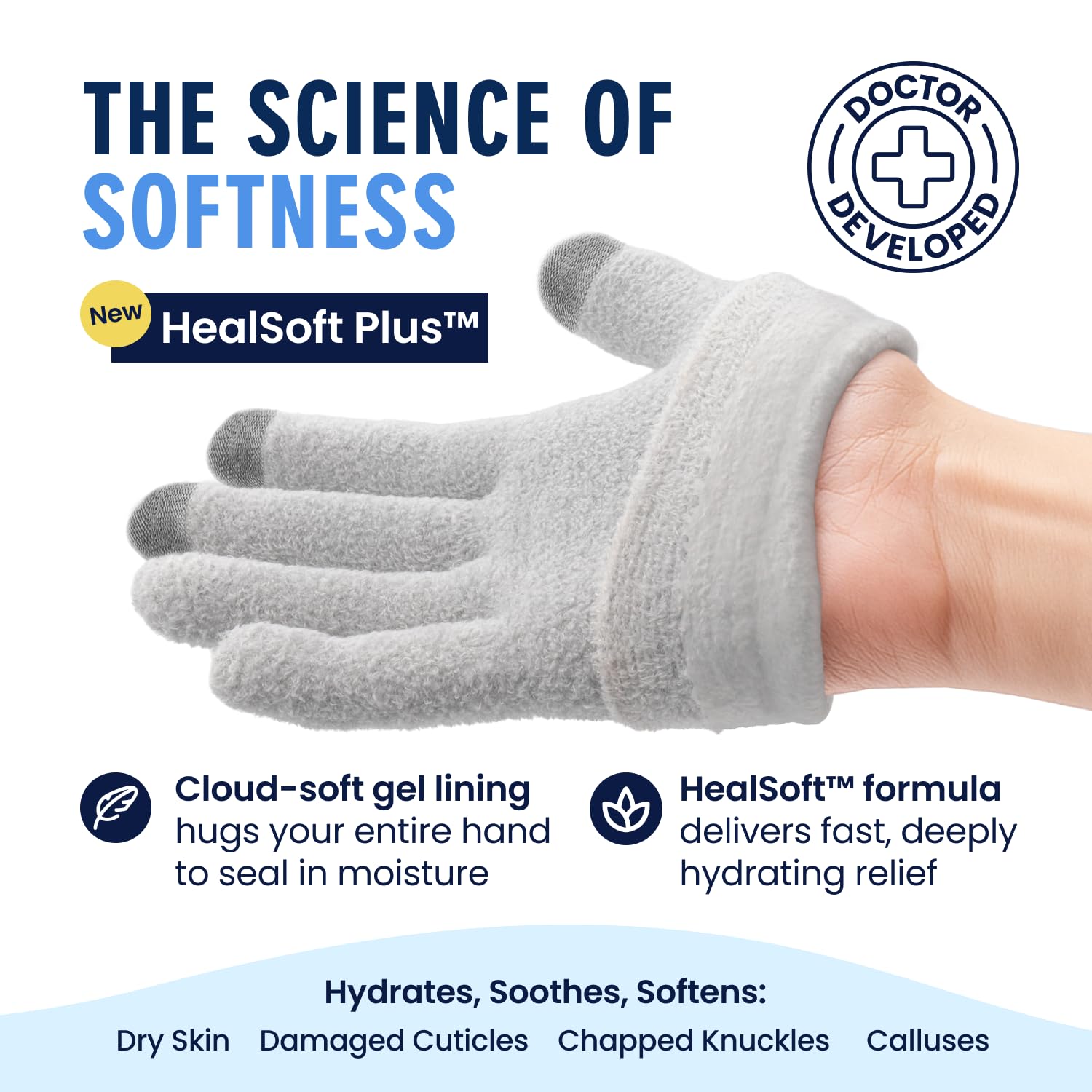 HealSoft Plus gel lining closeup delivering deep hydration across palms and fingers