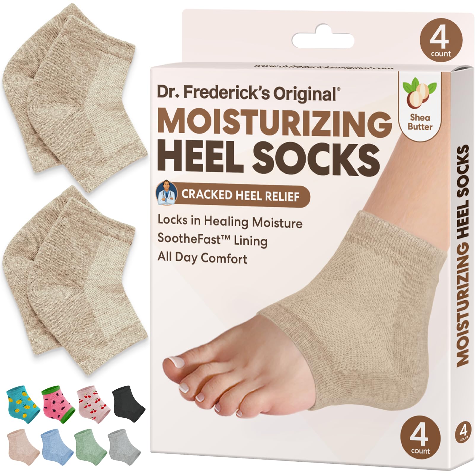 Dr. Frederick's Original heel socks packaging closeup for easy at-home foot care.