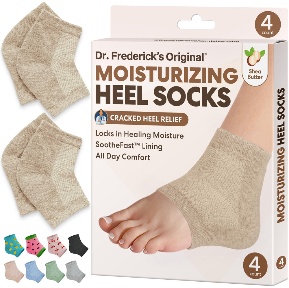 Dr. Frederick's Original heel socks packaging closeup for easy at-home foot care.