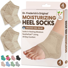 Dr. Frederick's Original heel socks packaging closeup for easy at-home foot care.