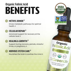 Close-up of the Dr. Green Mom label on folinic acid drops.