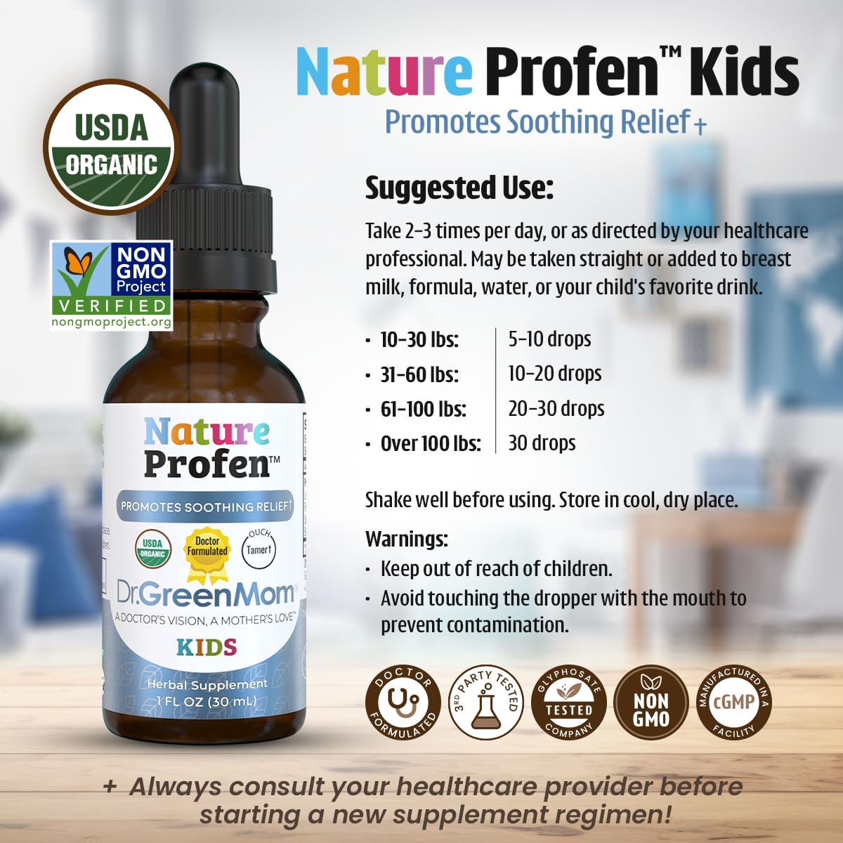 Ingredients panel highlights turmeric, lemon balm, and ginger in Nature Profen