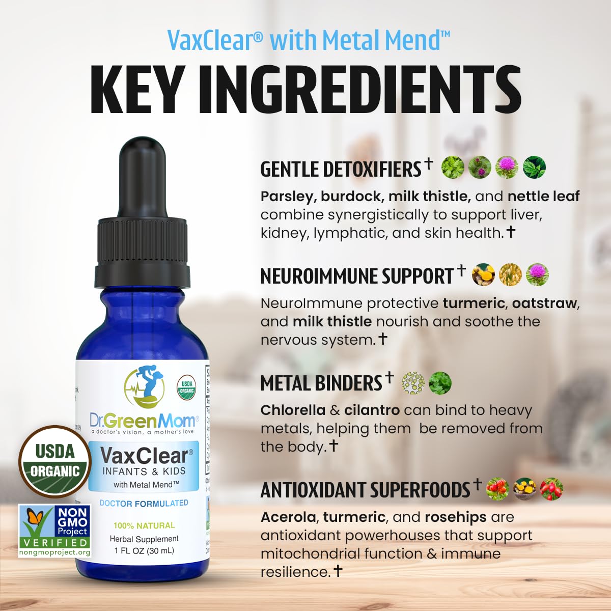 Dr. Green Mom VaxClear bottle-measuring emphasizes convenient dosing for caregivers.