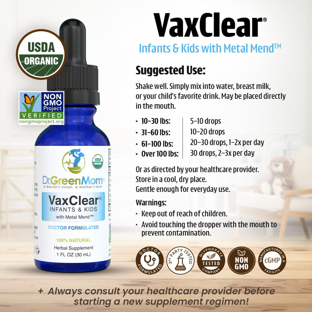 Dr. Green Mom VaxClear child-using-drops shows easy administration in drinks for kids.