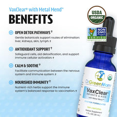 Dr. Green Mom VaxClear drops-pouring demonstrates easy dosing for busy families.