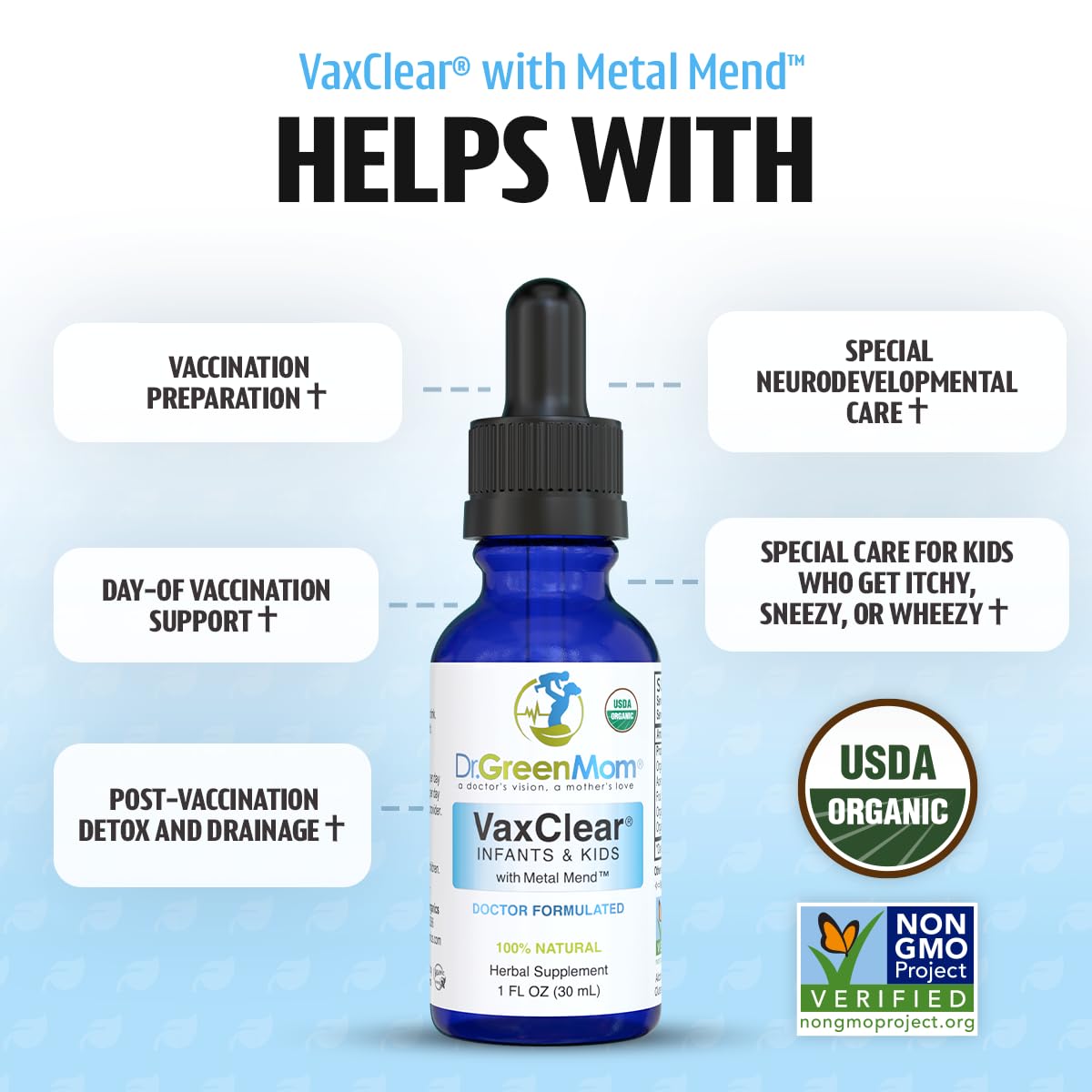 Dr. Green Mom VaxClear ingredients-blend highlights chlorella, cilantro, turmeric for body support.