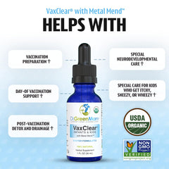 Dr. Green Mom VaxClear ingredients-blend highlights chlorella, cilantro, turmeric for body support.