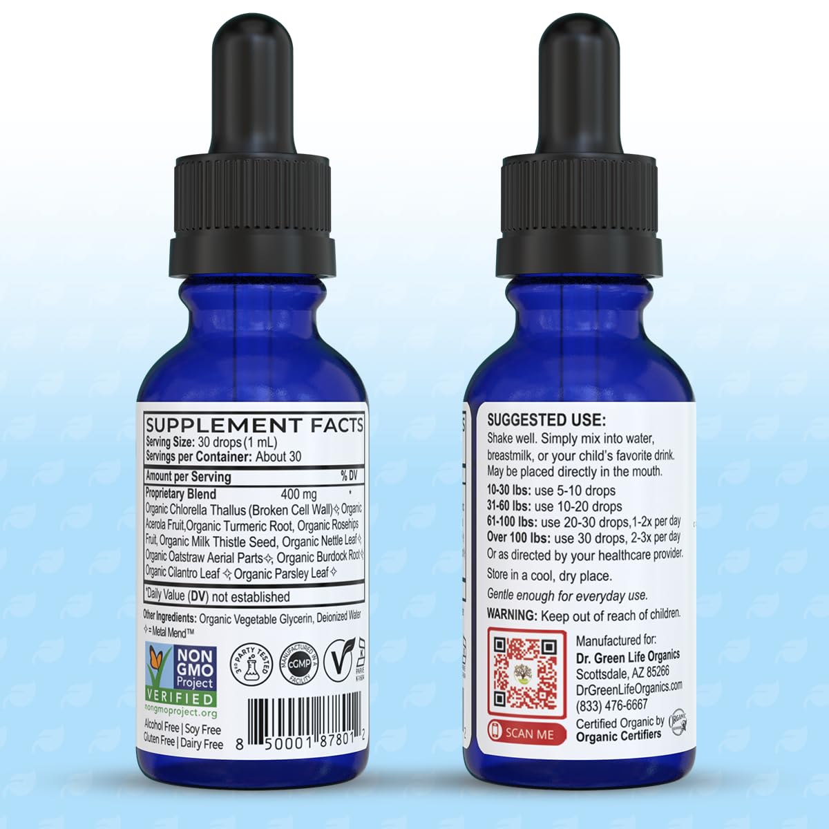 Dr. Green Mom VaxClear nutrition-panel presents allergen-free, glyphosate-tested composition.