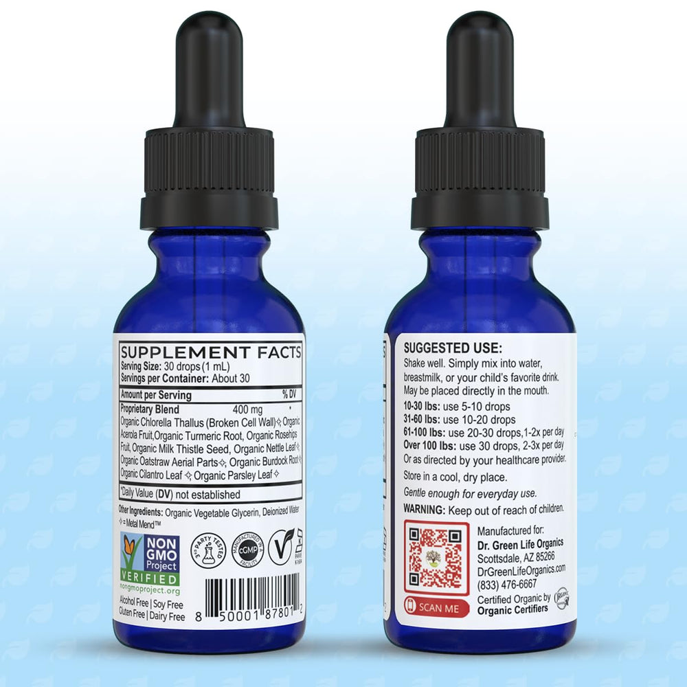 Dr. Green Mom VaxClear nutrition-panel presents allergen-free, glyphosate-tested composition.