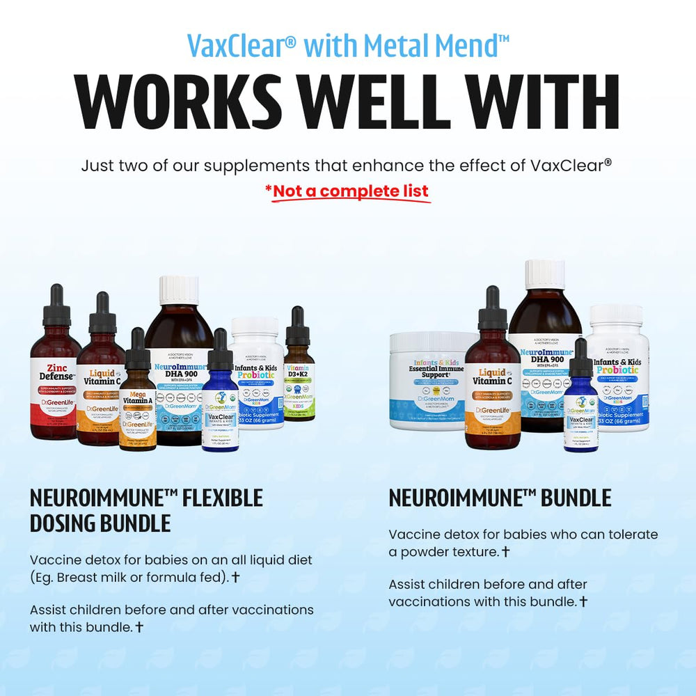 Dr. Green Mom VaxClear physician-formulated badge signals trusted pediatric formulation.