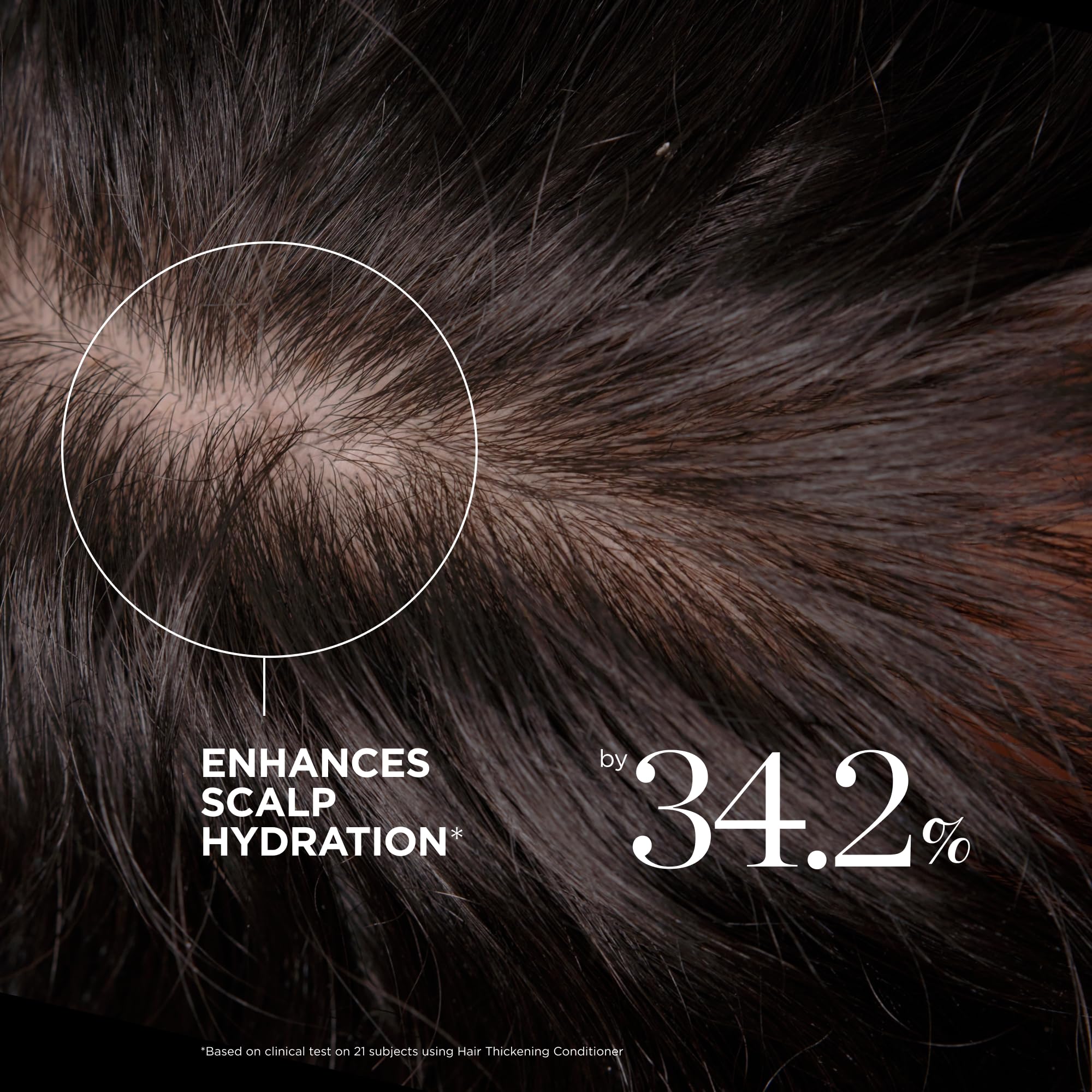 Before-after visual suggesting thicker-looking hair with use