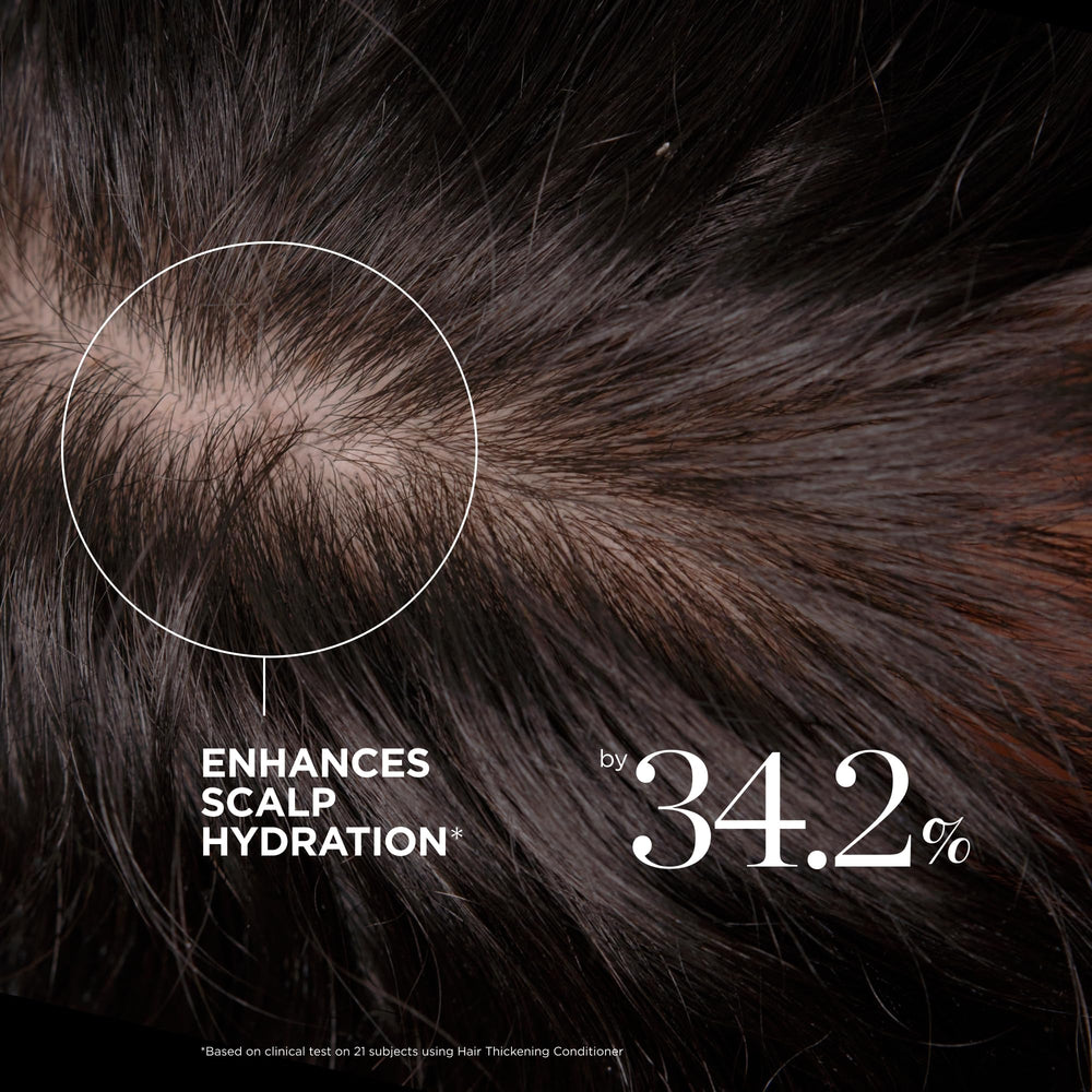 Before-after visual suggesting thicker-looking hair with use