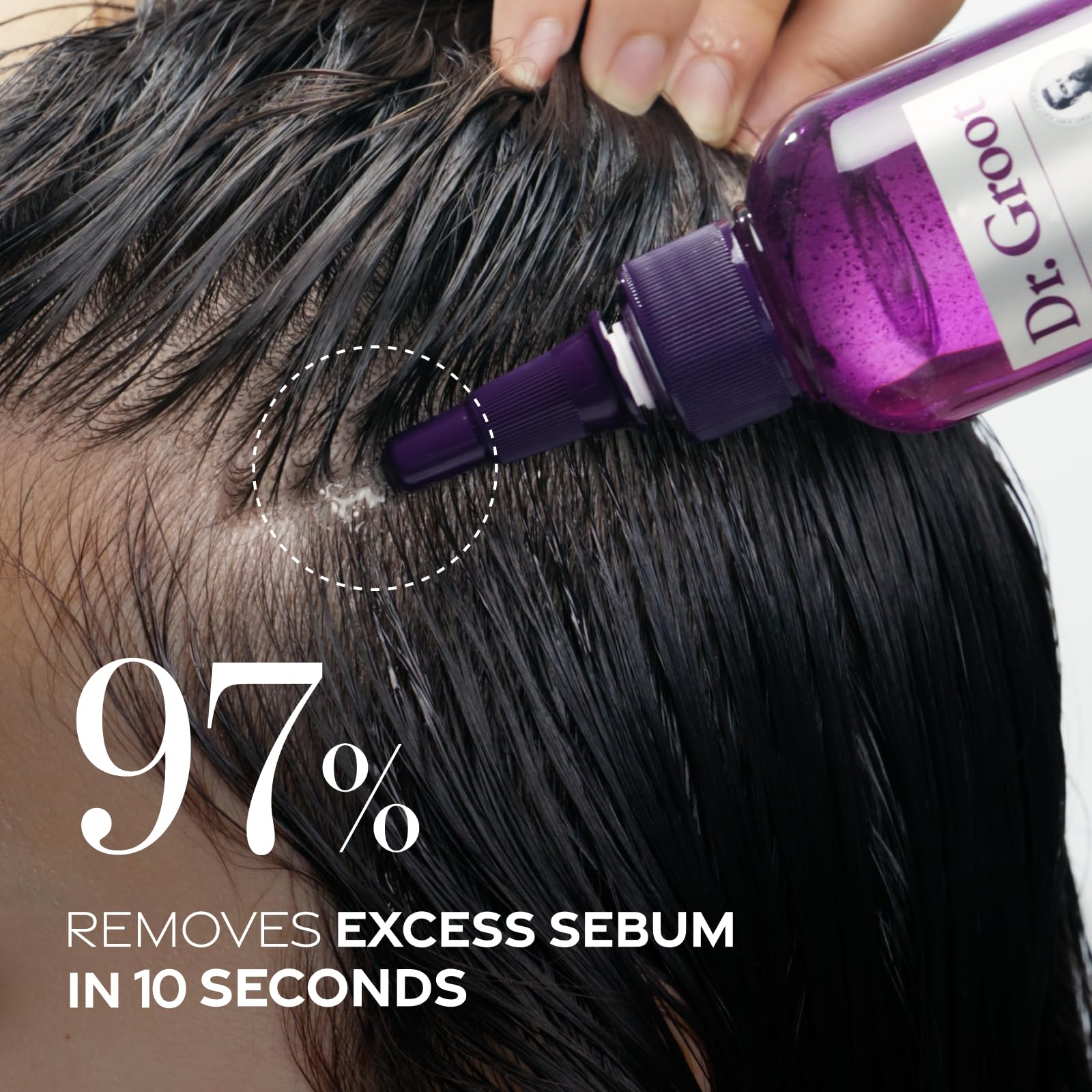 Dr. Groot solution applied on the scalp, exfoliating and prepping hair care.