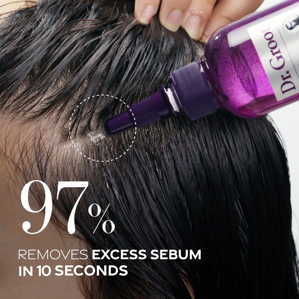 Dr. Groot solution applied on the scalp, exfoliating and prepping hair care.