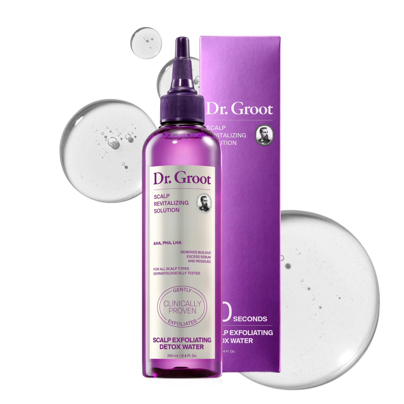 Dr. Groot bottle pour demonstrates quick cleansing for a balanced scalp.