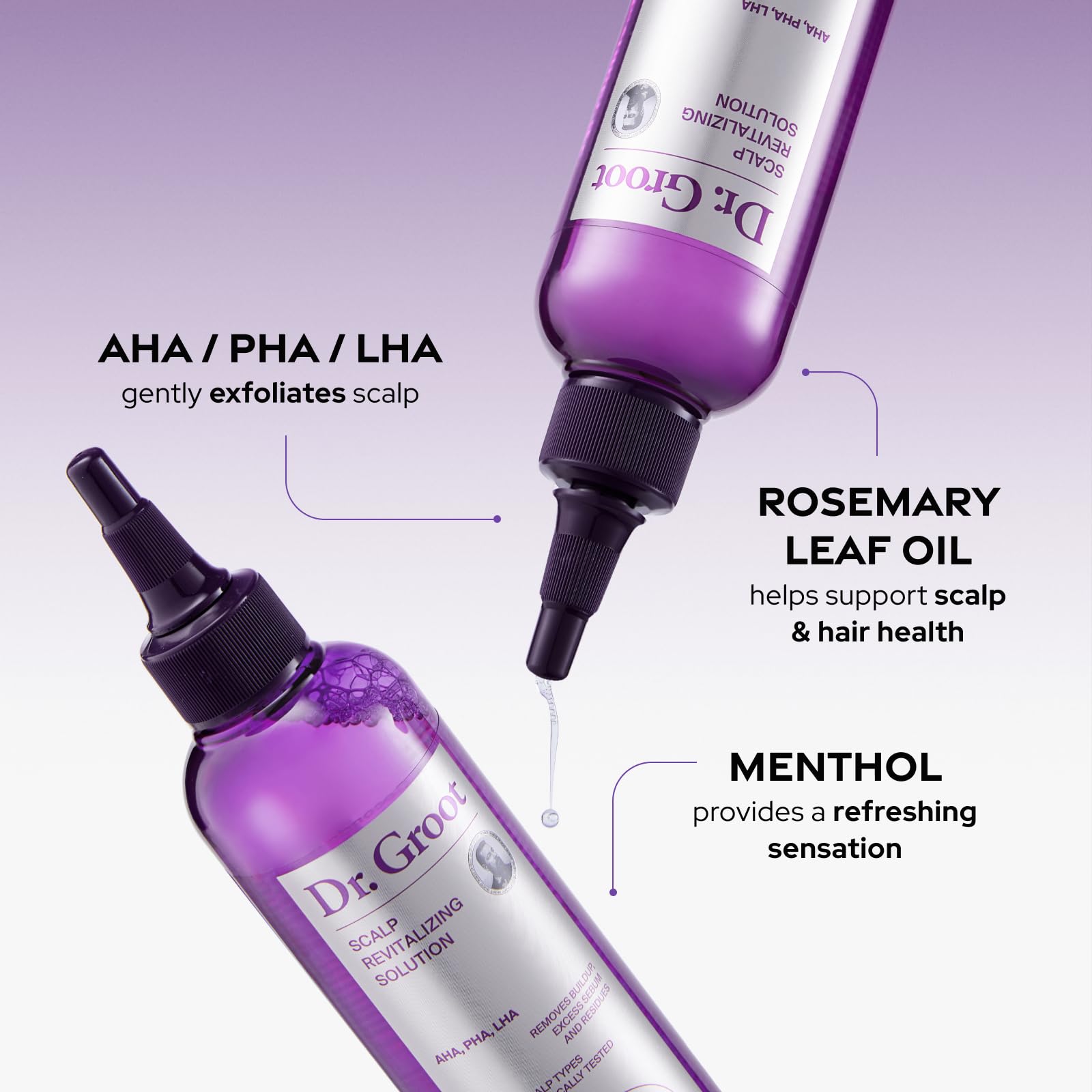 Dr. Groot formula with rosemary oil supports natural scalp detox.