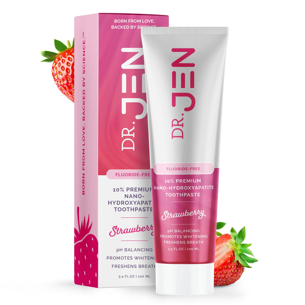 Dr Jen fluoride-free toothpaste with 10% nano-hydroxyapatite, enamel-friendly formula.