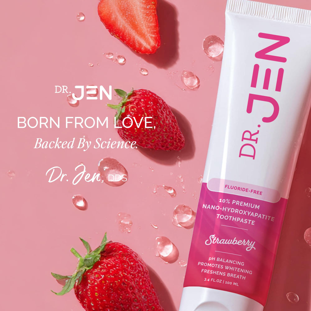 Dr Jen essential oils blend shown with toothpaste for natural flavor.