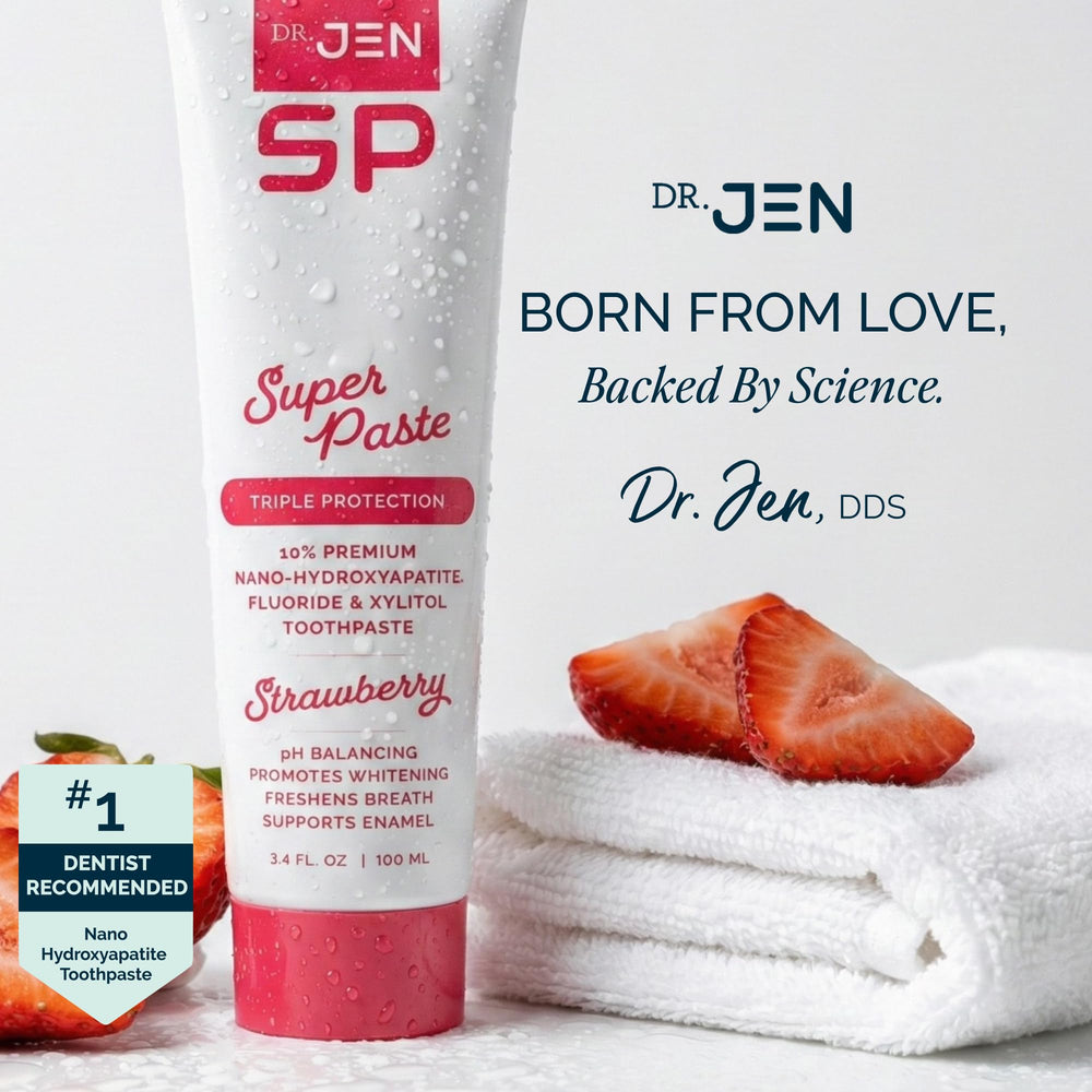 Dentist-designed Dr Jen paste shown with simple usage guidelines
