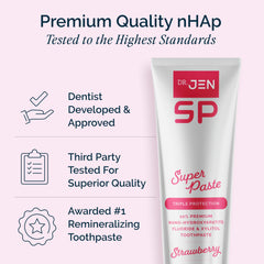Fluoride-containing Dr Jen paste bottle with clear labeling