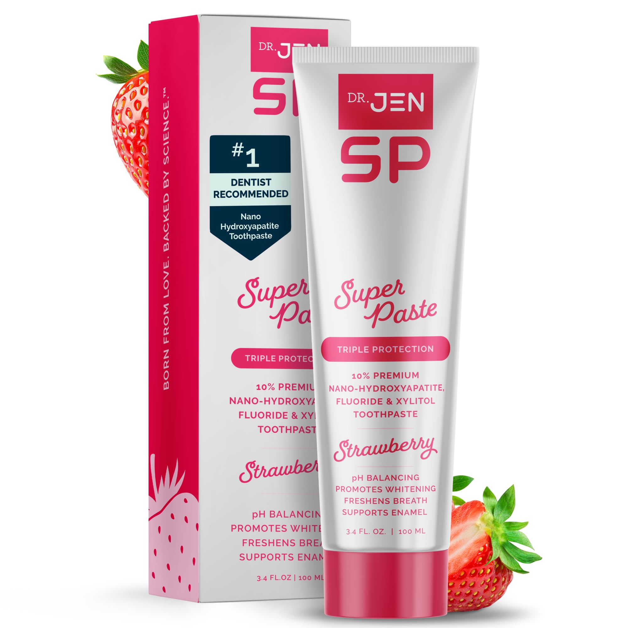 Dr Jen Super Paste toothpaste tube close-up highlighting fluoride and nano hydroxyapatite
