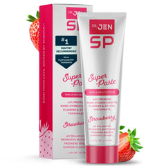 Dr Jen Super Paste toothpaste tube close-up highlighting fluoride and nano hydroxyapatite