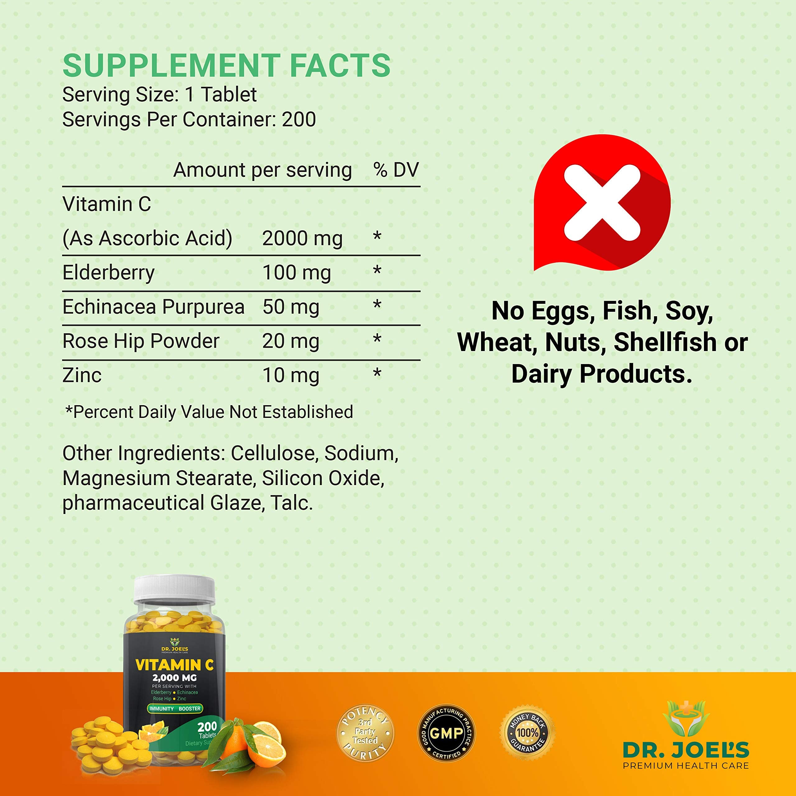 Dr. JOEL'S Immune Support Vitamin C 2000mg label highlights potent ingredients.