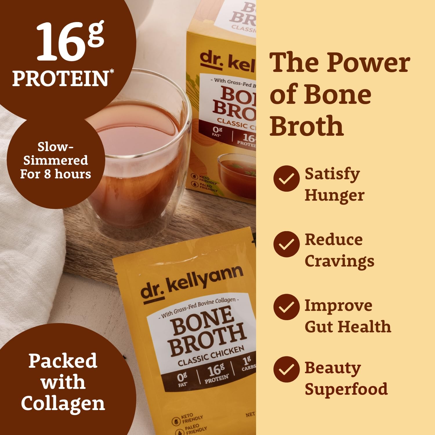 Dr. Kellyann brand label on the bone broth package.
