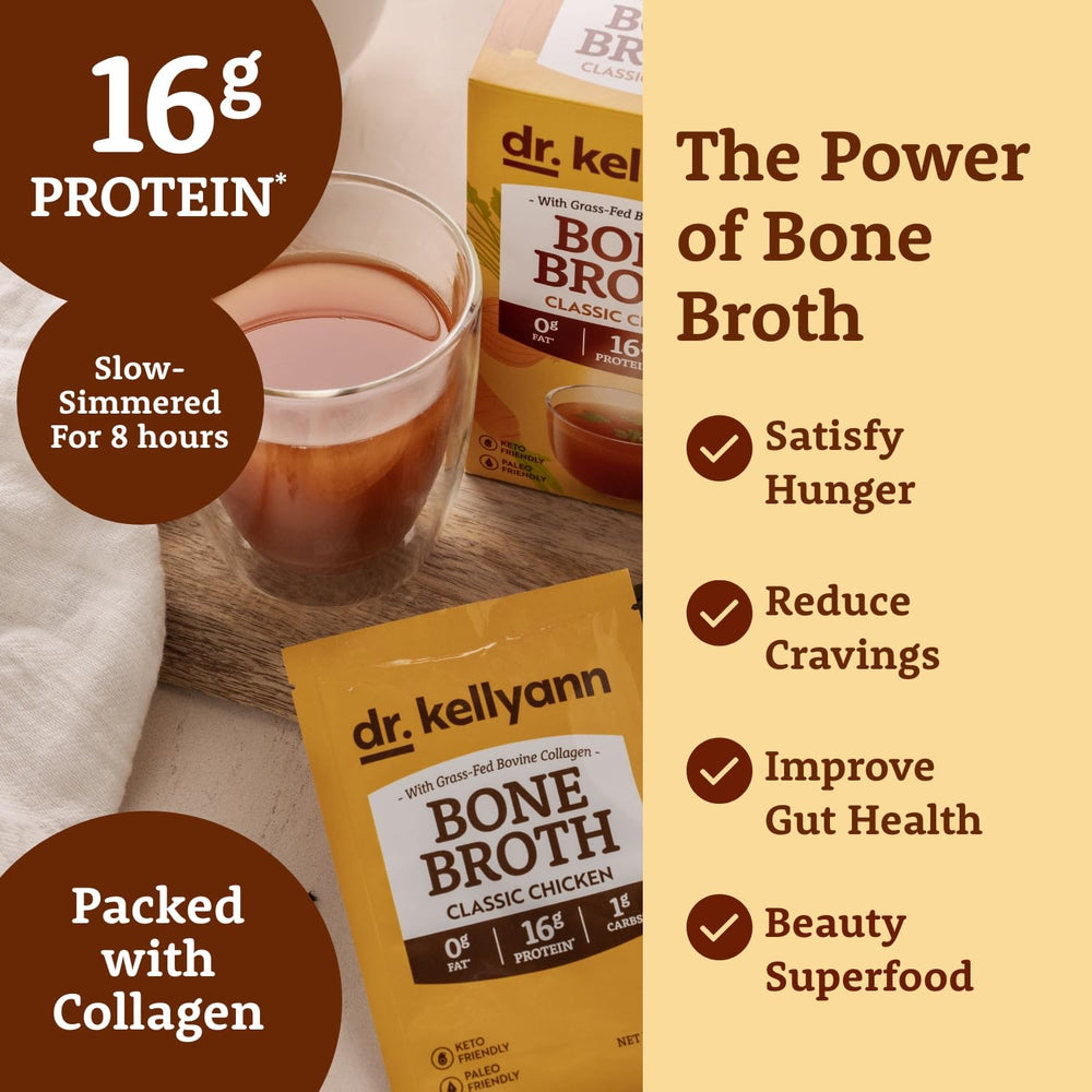 Dr. Kellyann brand label on the bone broth package.