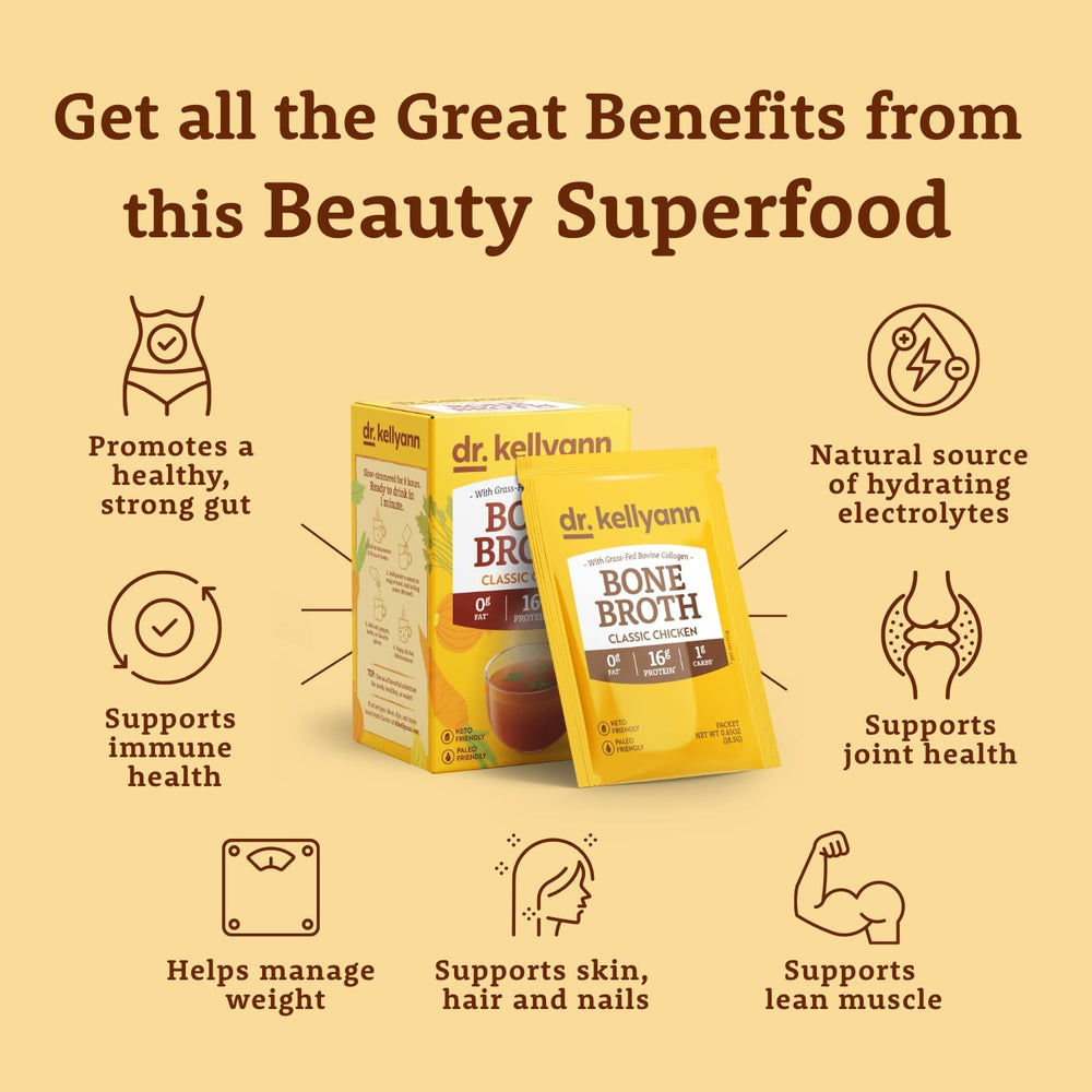 Nutrition facts highlight 16g protein per serving on the Dr. Kellyann packet.