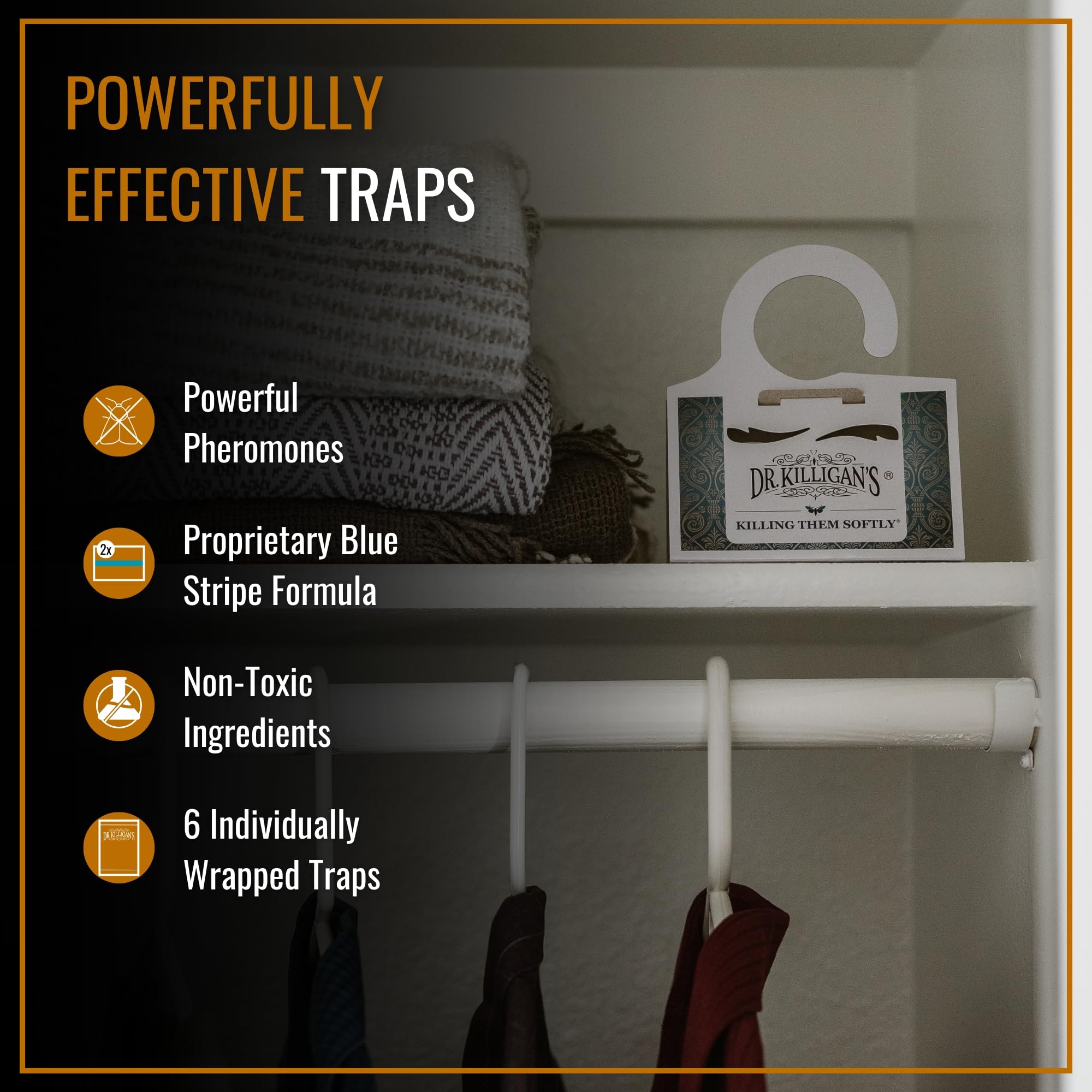 Dr. Killigan's premium clothing moth traps design A in closet keeps moths at bay