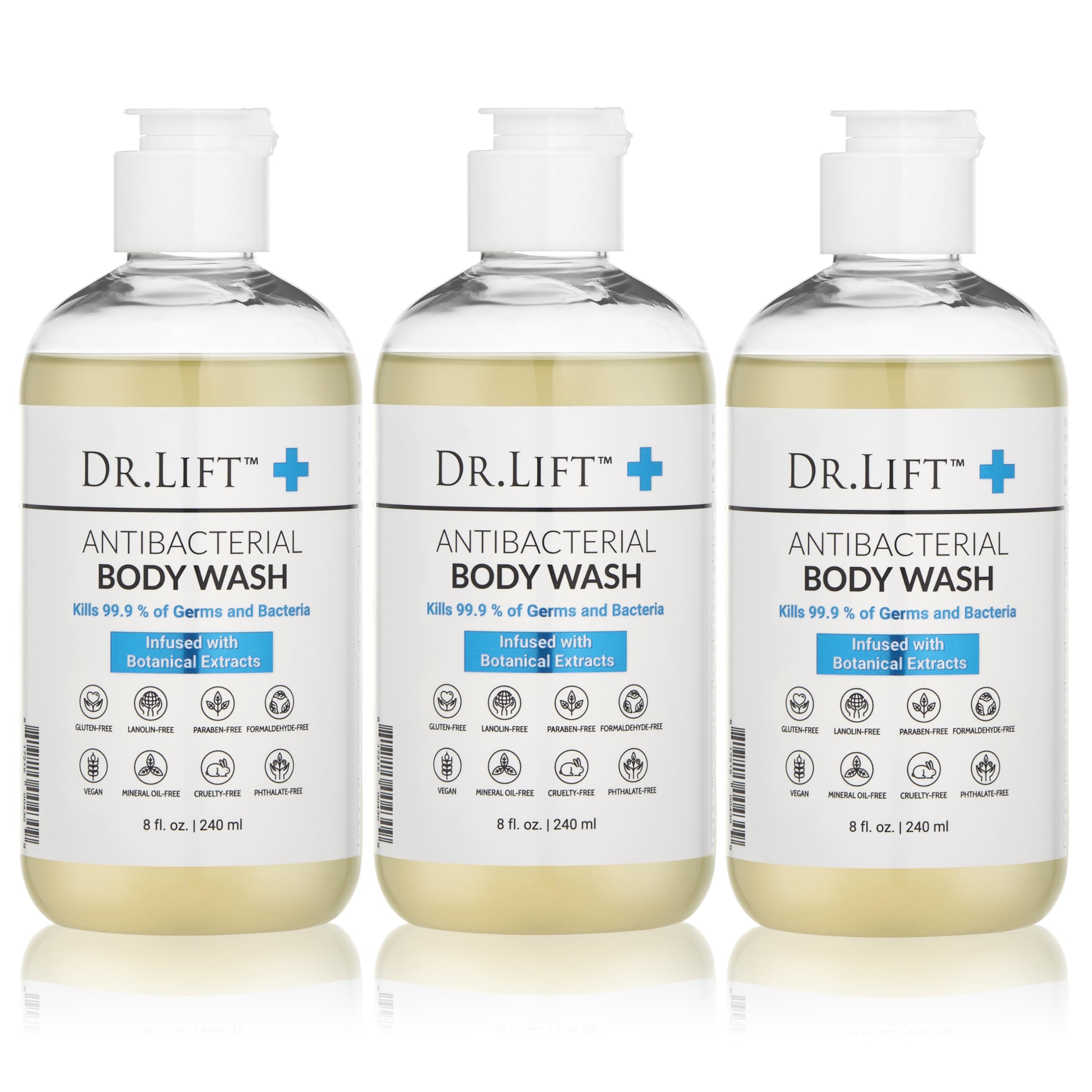DR. LIFT antibacterial body wash bottles in a 3-pack for refreshed skin