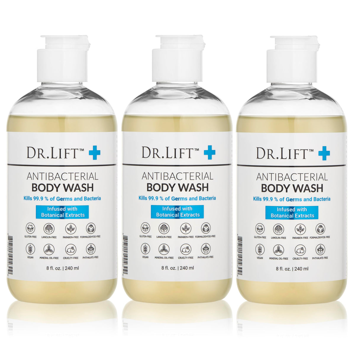 DR. LIFT antibacterial body wash bottles in a 3-pack for refreshed skin
