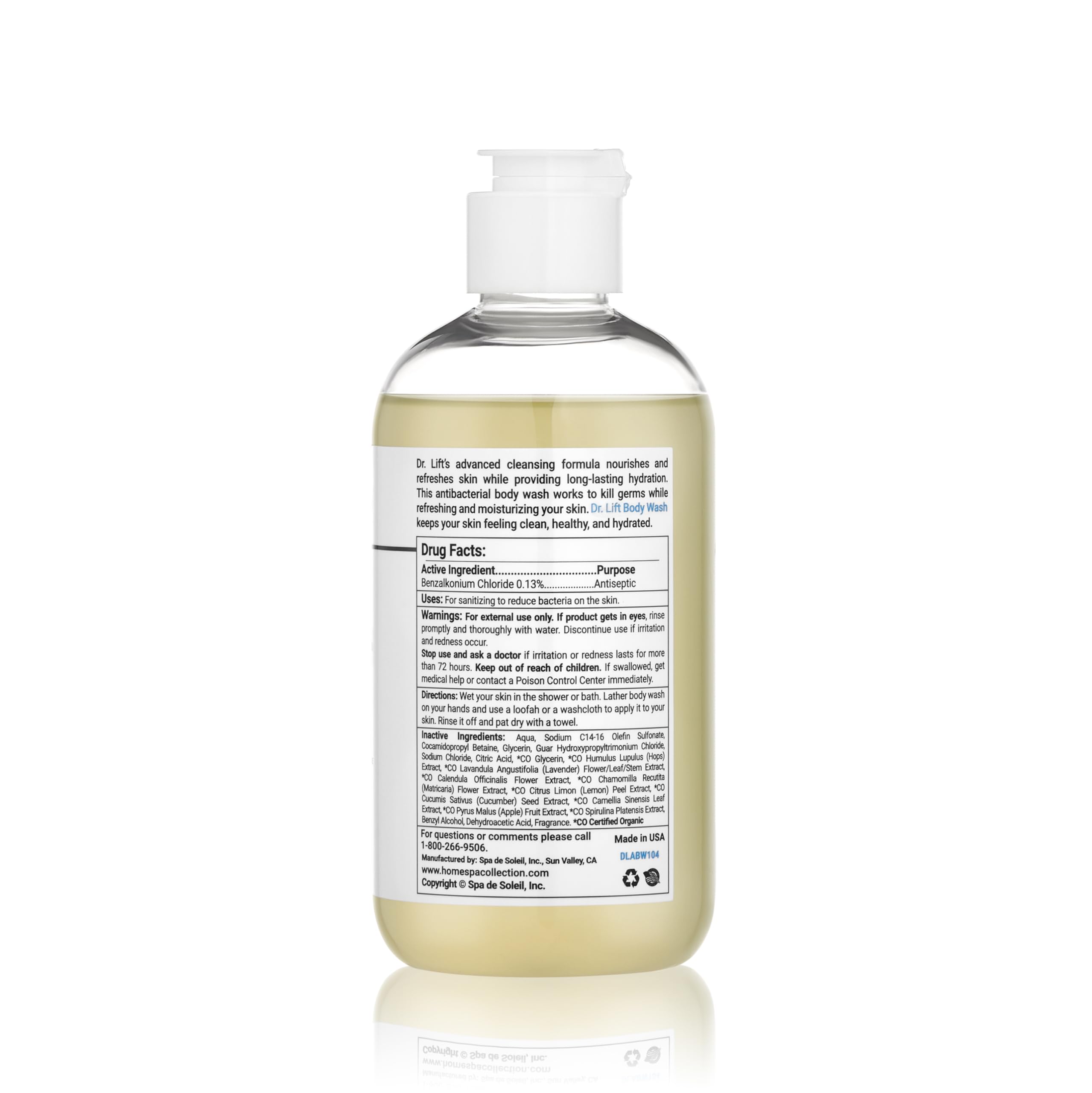 Close-up label of DR. LIFT antibacterial wash highlighting California-made quality