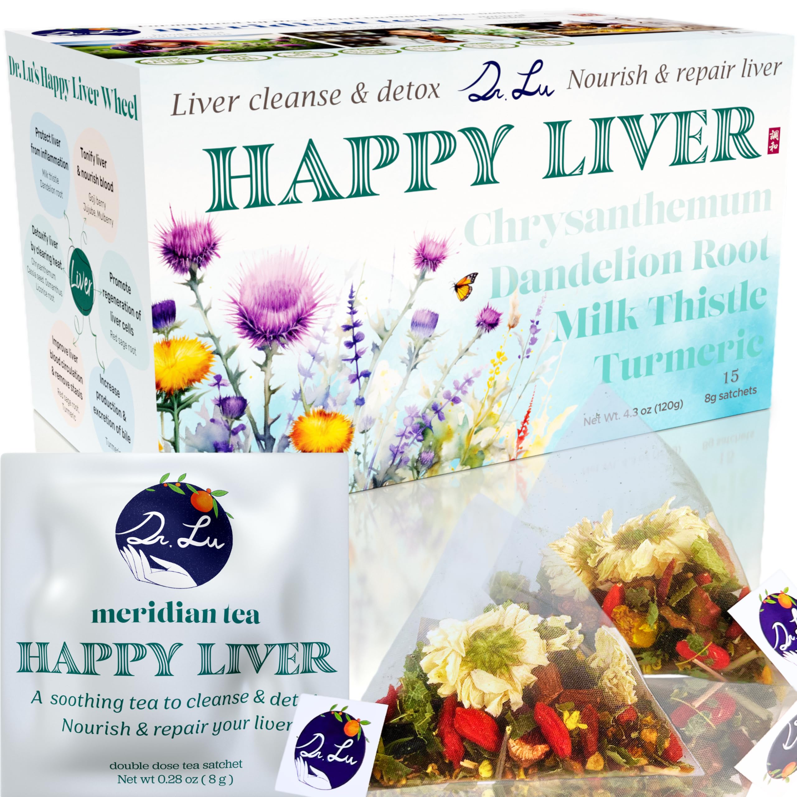 Dr. Lu’s Happy Liver Tea bottle shows a convenient on-the-go liver support ritual.
