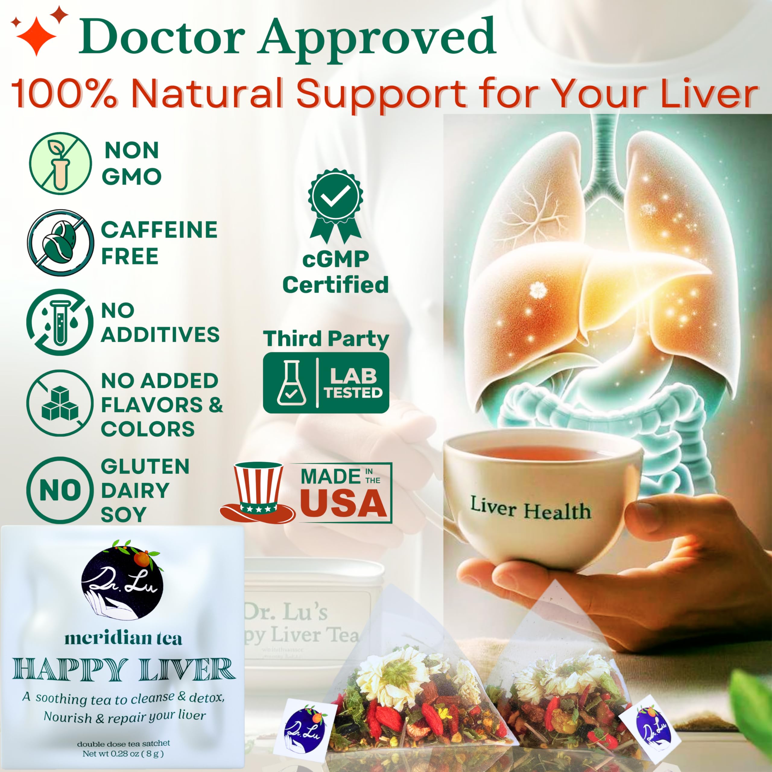 Dr. Lu’s Happy Liver Tea cup steeping evokes a calming daily ritual for wellness.