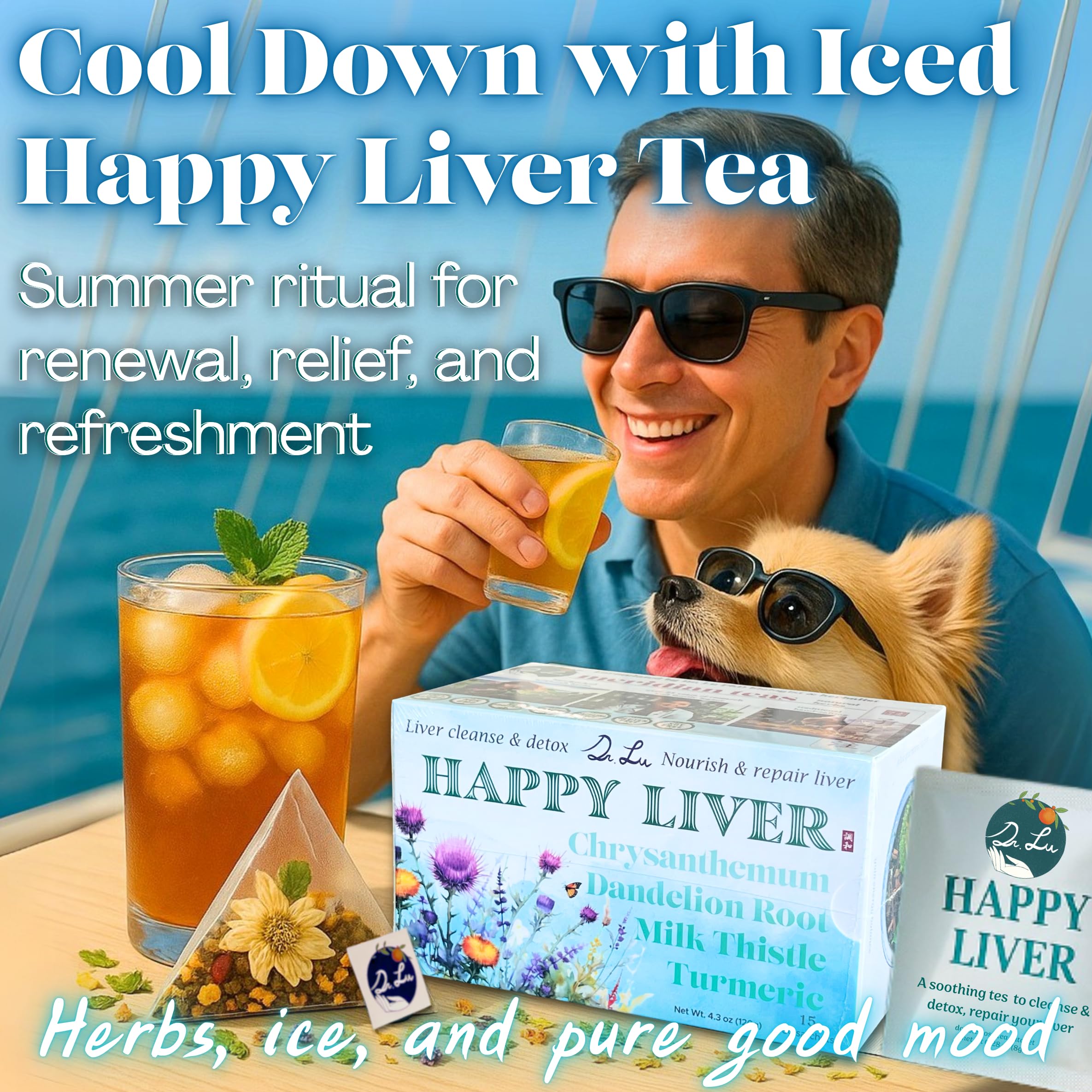 Dr. Lu’s Happy Liver Tea cup with steam hints at comforting daily routine.