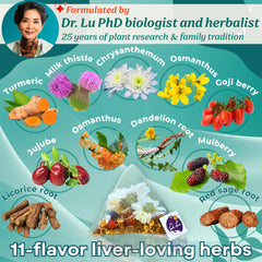 Dr. Lu’s Happy Liver Tea ingredients closeup highlights herbal tones.