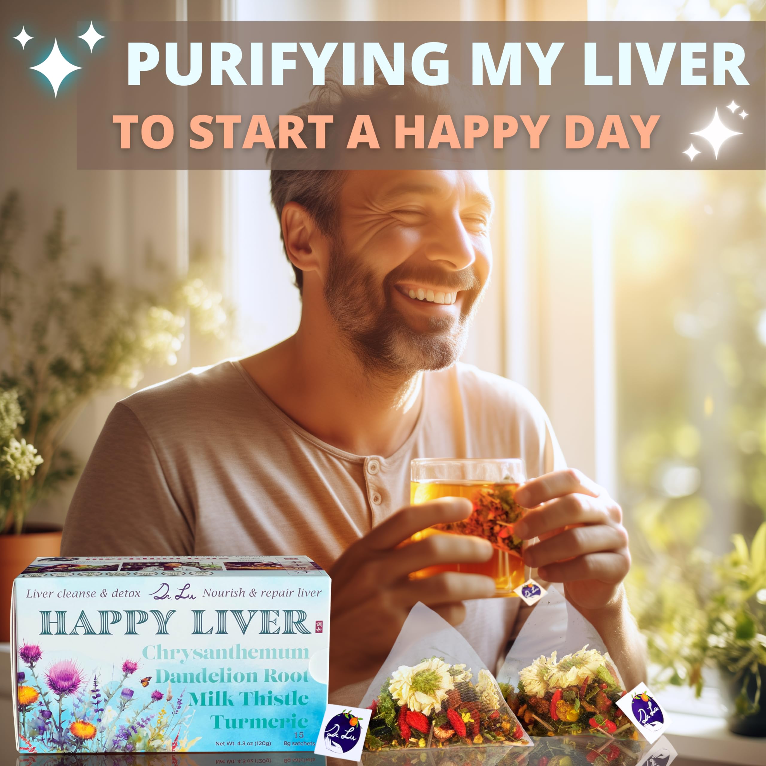 Dr. Lu’s Happy Liver Tea being poured suggests easy preparation anytime.
