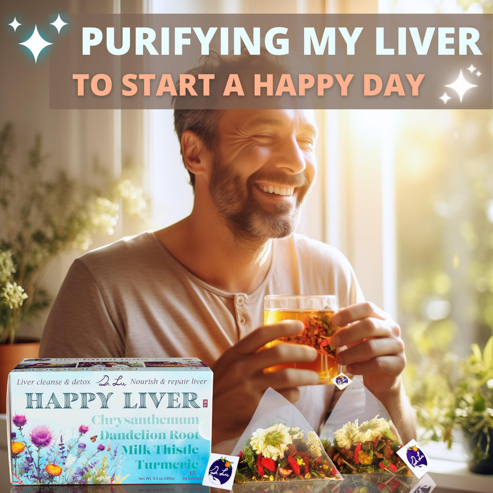 Dr. Lu’s Happy Liver Tea being poured suggests easy preparation anytime.